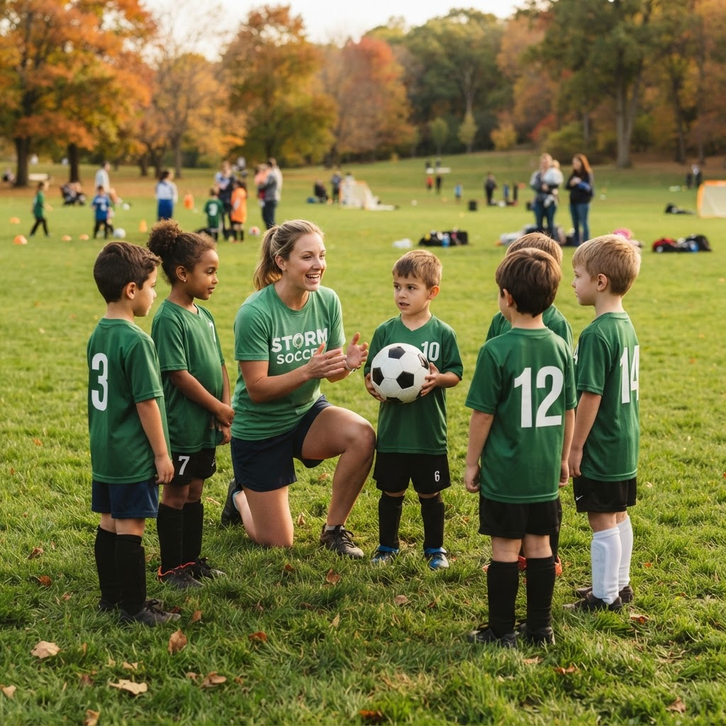 A volunteer coach instructing young soccer players